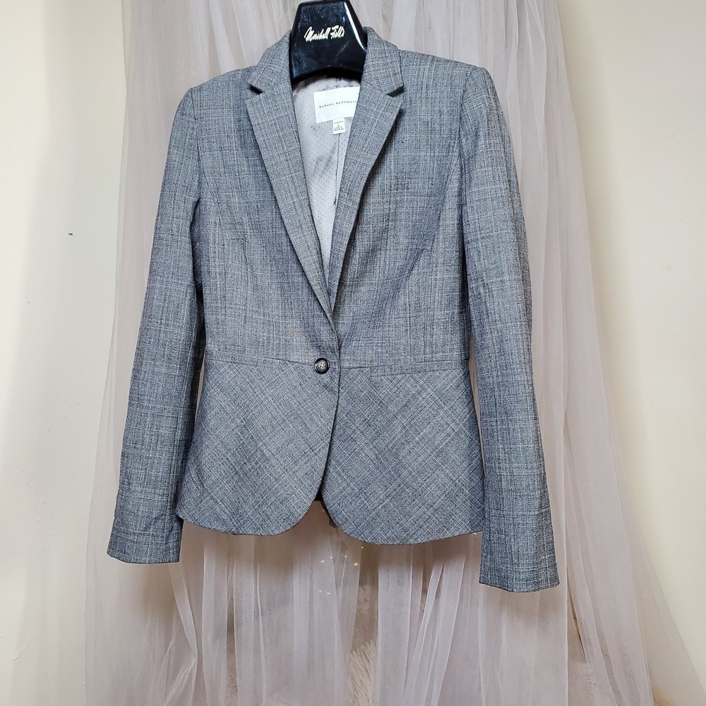 Banana Republic Wool Blend Blazer Jacket Cross Hatch Gray Career 2 Scandi Girl